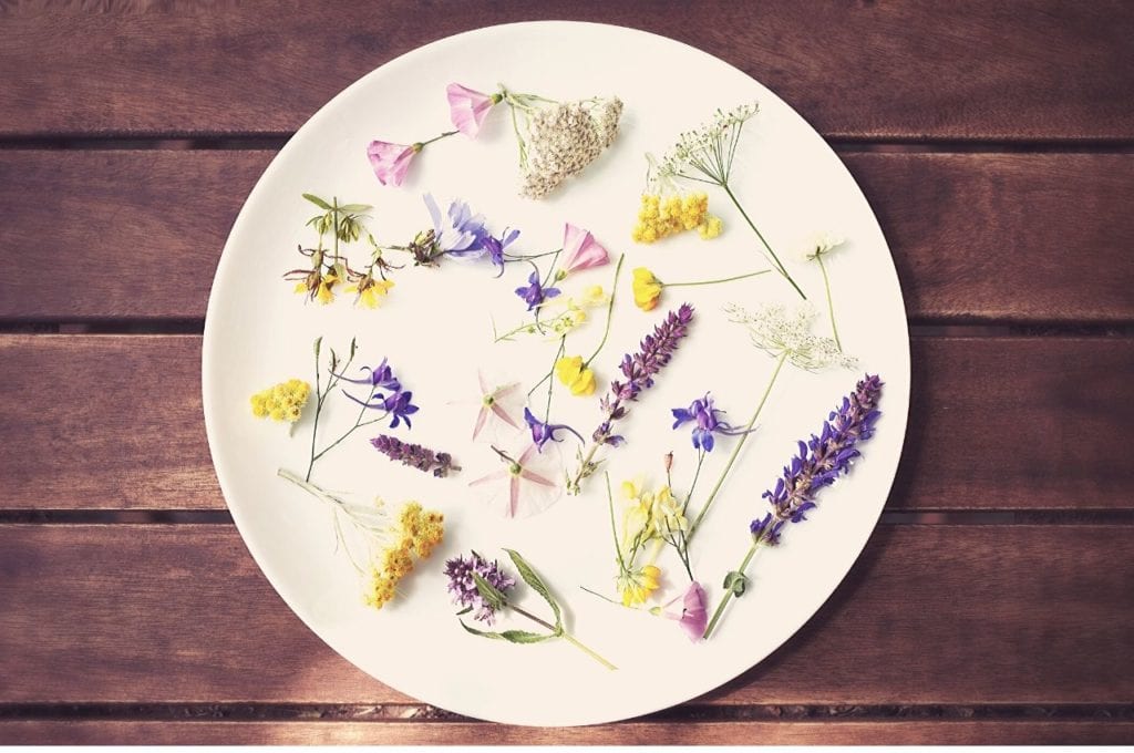 Edible flowers are served on a plate.