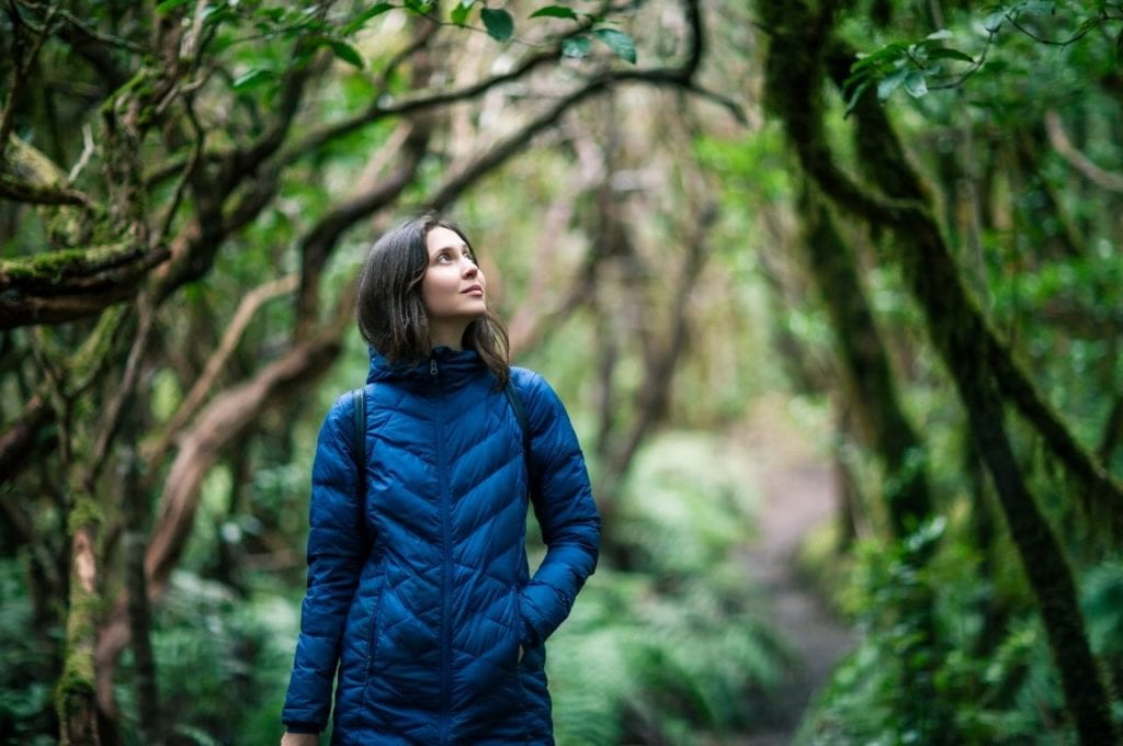 Woman wanders and ponders in the forest.