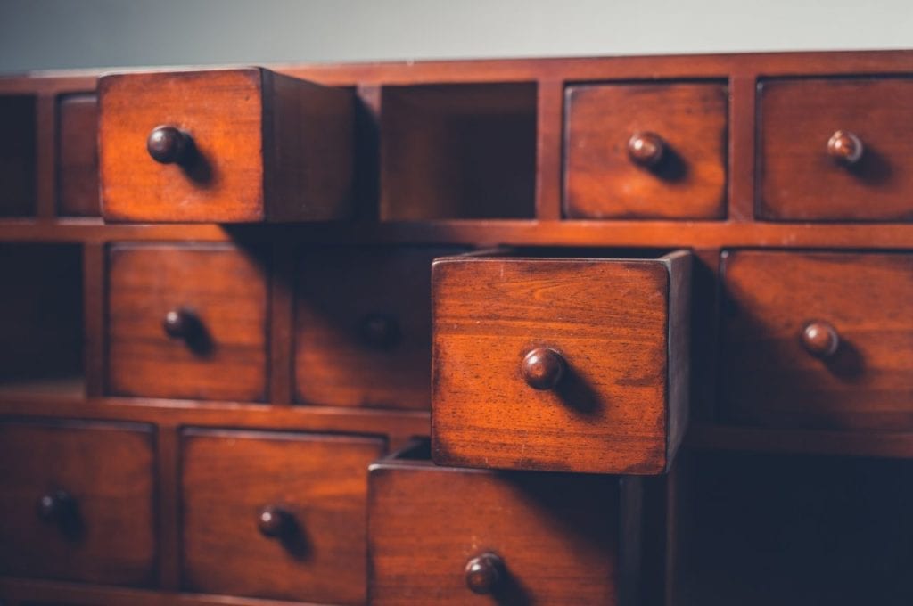 Apothecary cabinet for storing extracts.