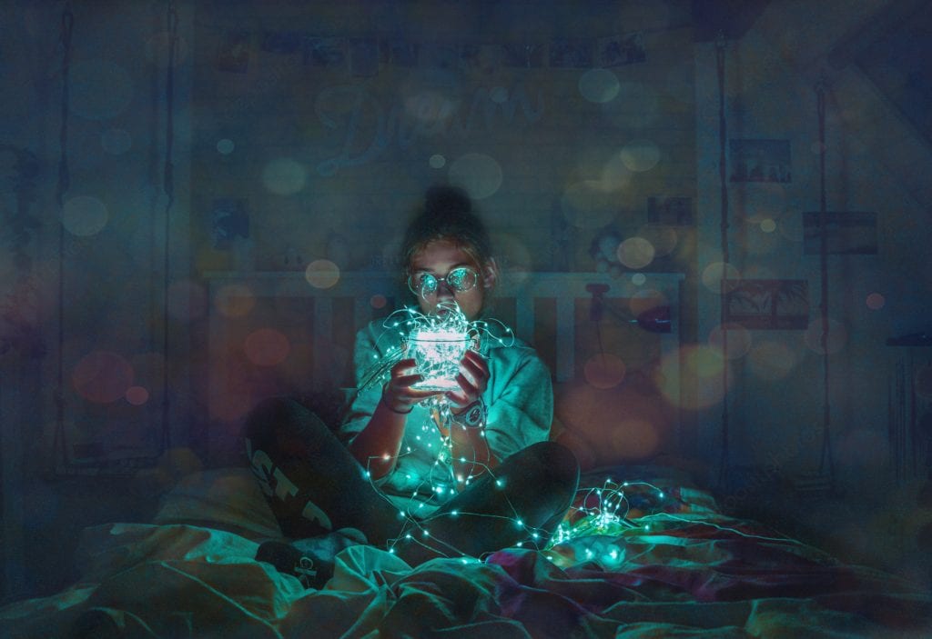 A girl holds LED light concept.