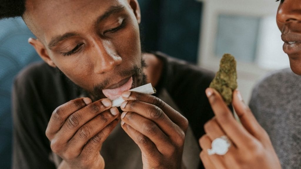 A man and woman roll a cannabis joint