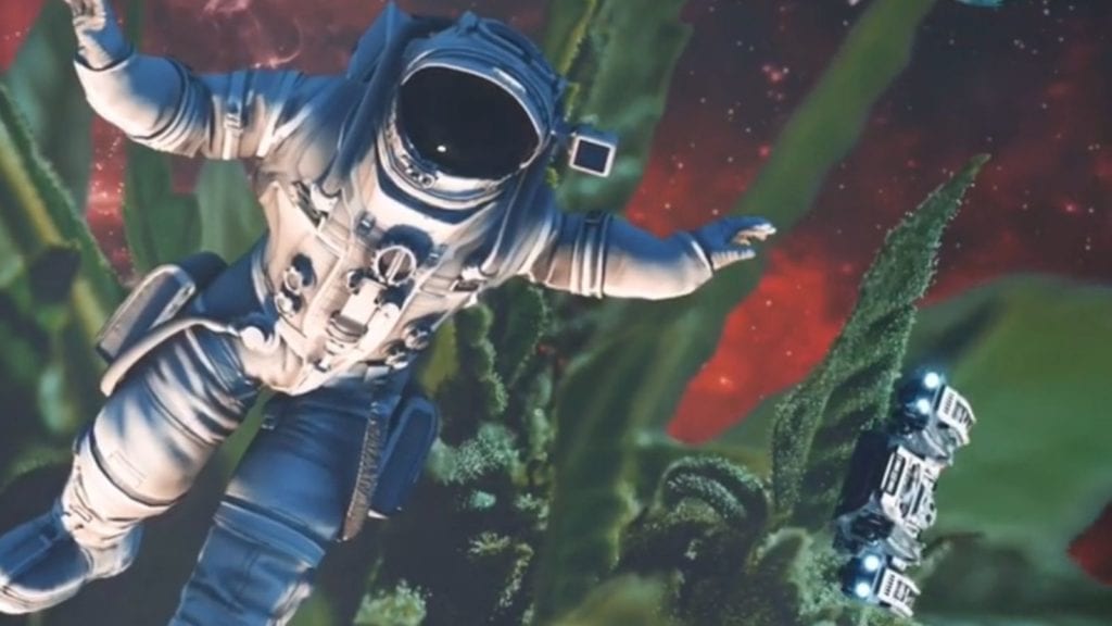 An austronaut floats through outer space, except outer space is filled with cannabis.