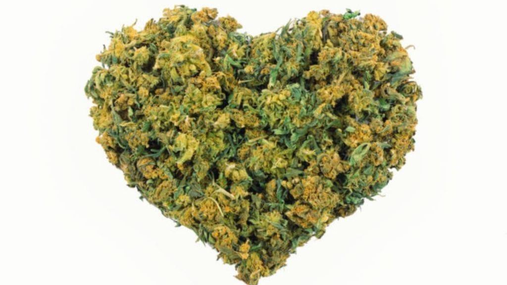 A love heart made out of cannabis flowers.