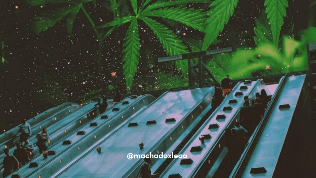 Concept of spectrums represented by people riding an escalator towards giant cannabis leaves.