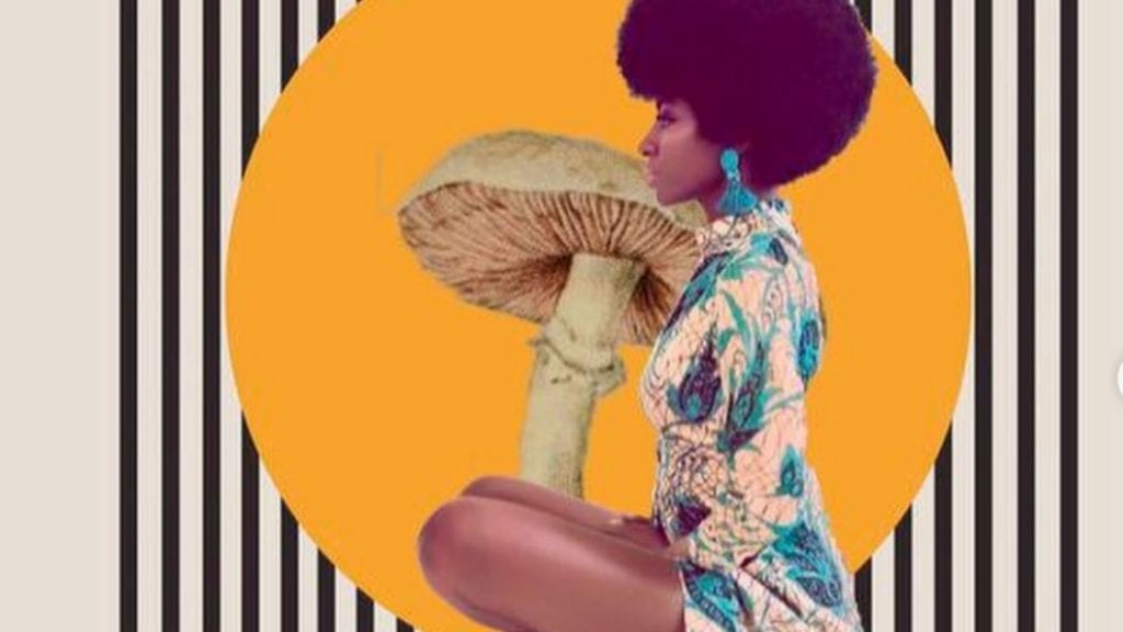 A coloured woman with an afro sitting with a magic mushroom, collage art.
