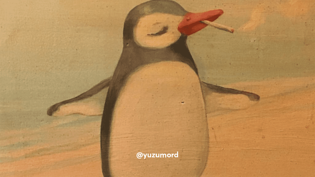 A smoking penguin depicts the concept of watching nature documentaries stoned.