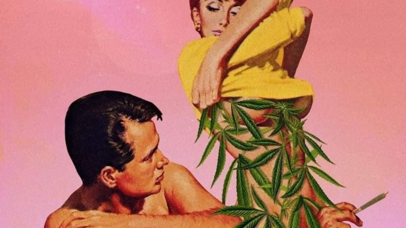 A woman covered in cannabis leaves is watched by a man smoking a joint