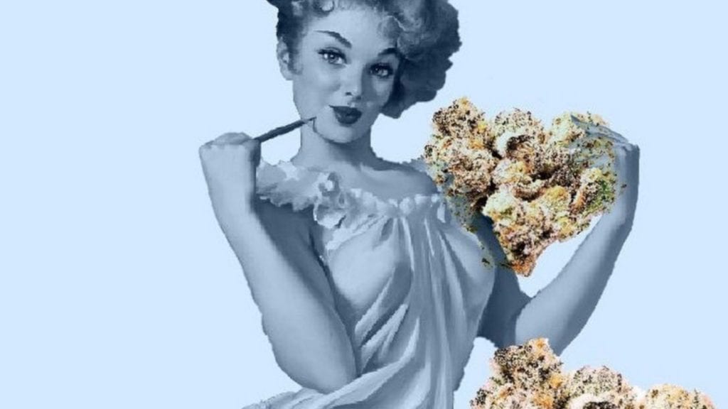 A vintage picture of a woman holding cannabis buds