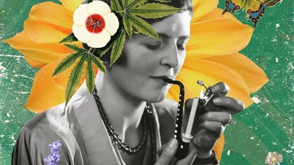 A woman with flowers in her hair smoking a cannabis pipe, a collage