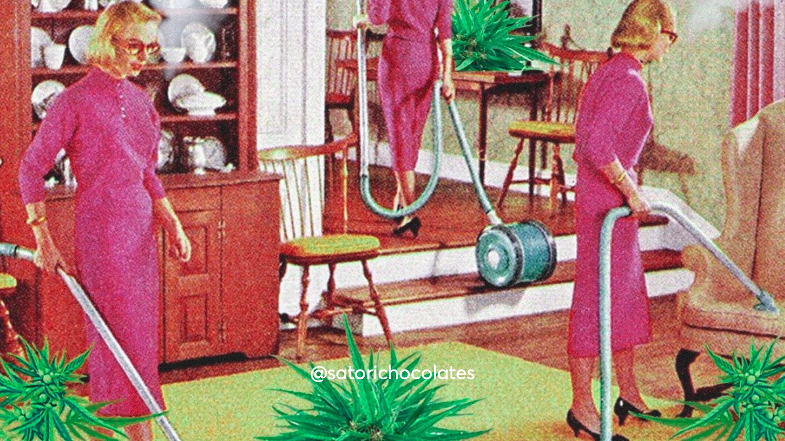 A woman vacuums around her house that has become messy with cannabis plants