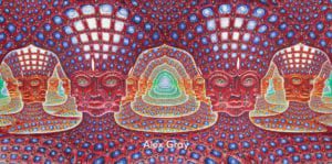 A painting created by Alex Grey depicting the psychedelic landscape
