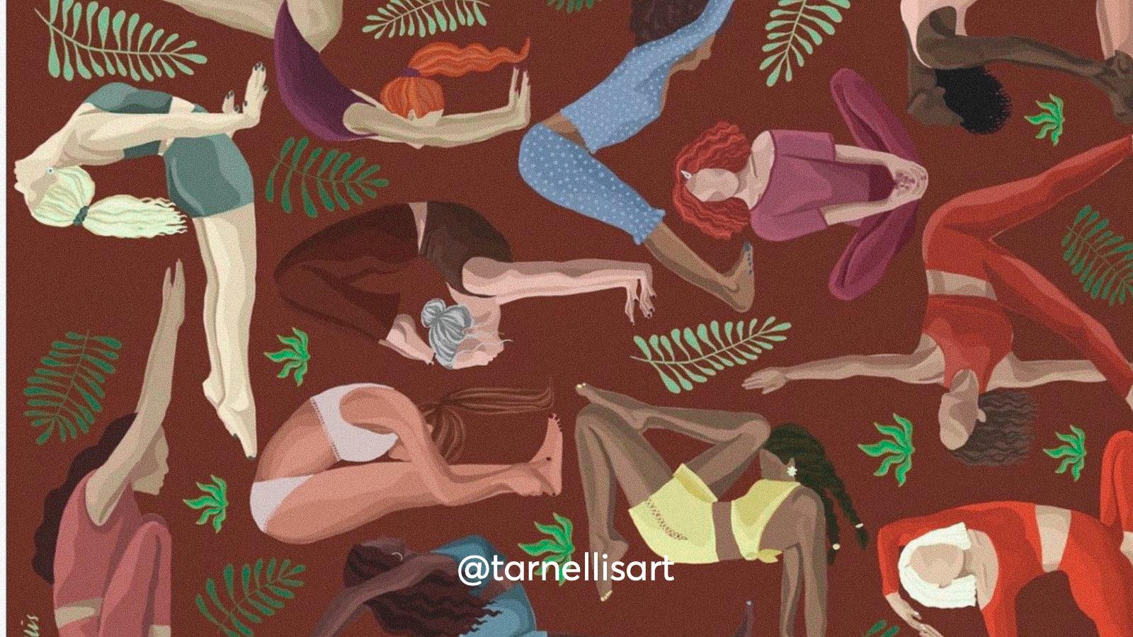 An illustration of many women doing yoga poses and stretching to take care of themselves