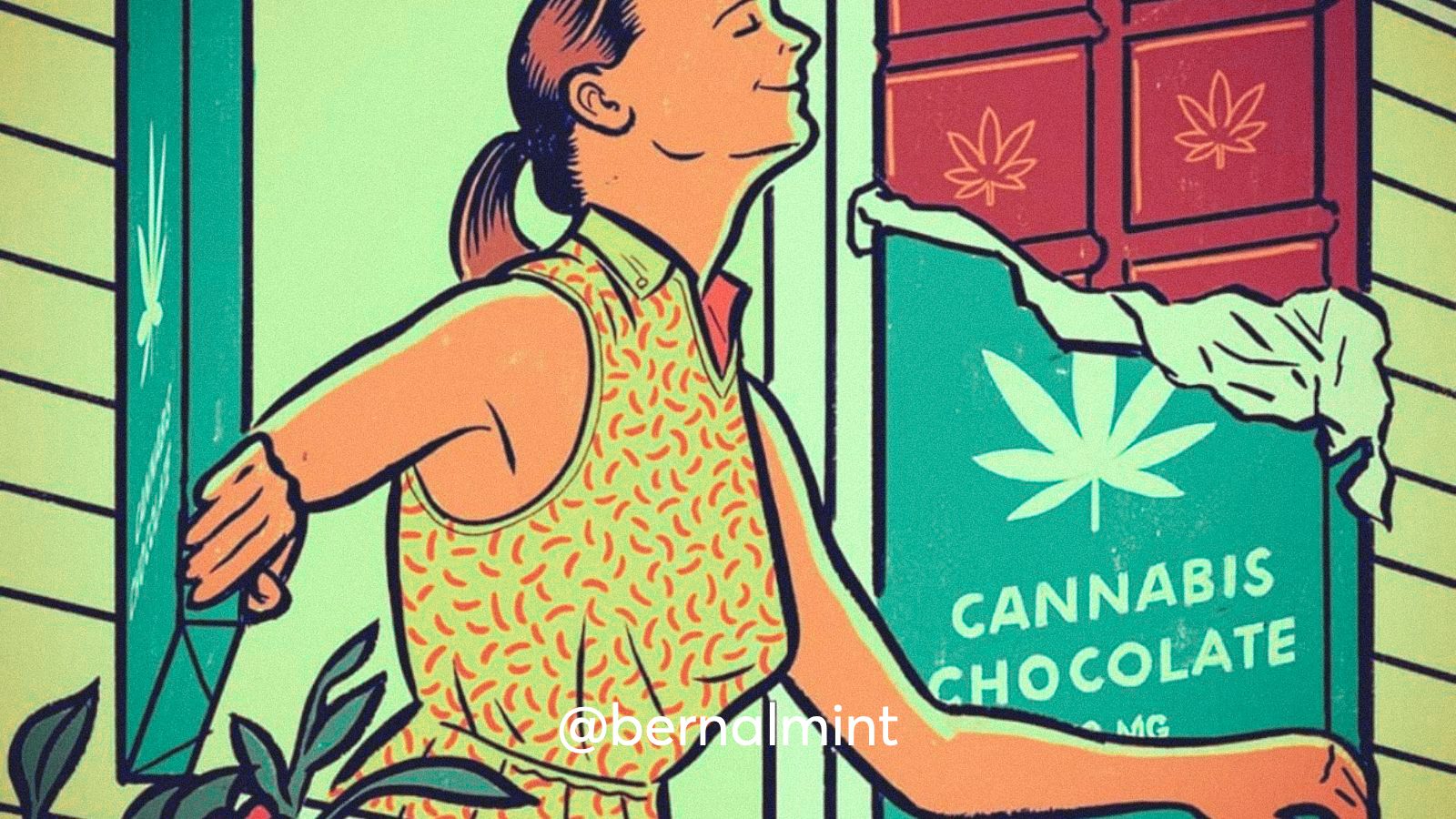 An illustration of a woman opening her shutters, which happen to be made out of cannabis chocolate.