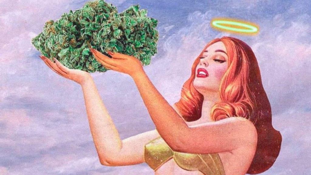 A collage art of an angel holding up a piece of weed to the heavens.