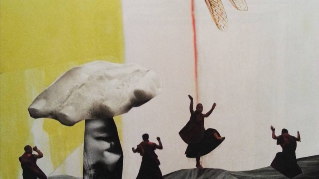 A collage art of people dancing under a giant mushroom and a dragonfly above.