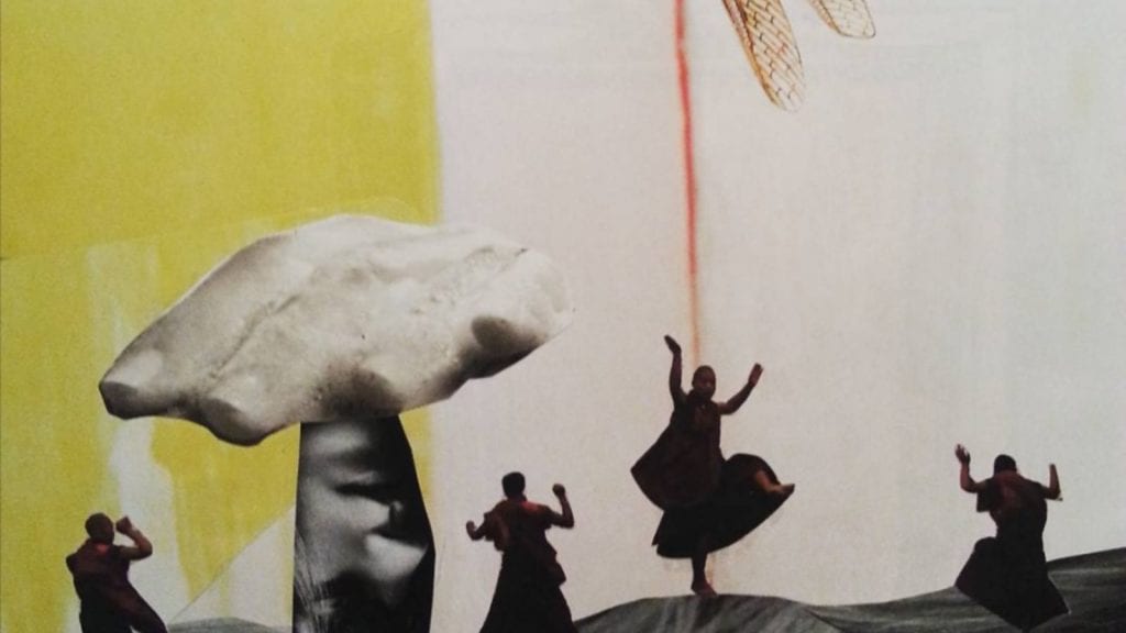 Magic Mushrooms, Macrodosing, & The God Experience | Magic Mushrooms 101 | My Supply Co. A collage art of people dancing under a giant mushroom and a dragonfly above.