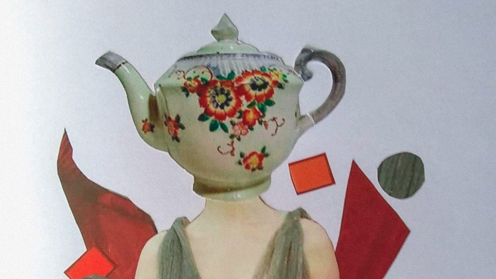 A collage art of a woman with a teapot on her head.