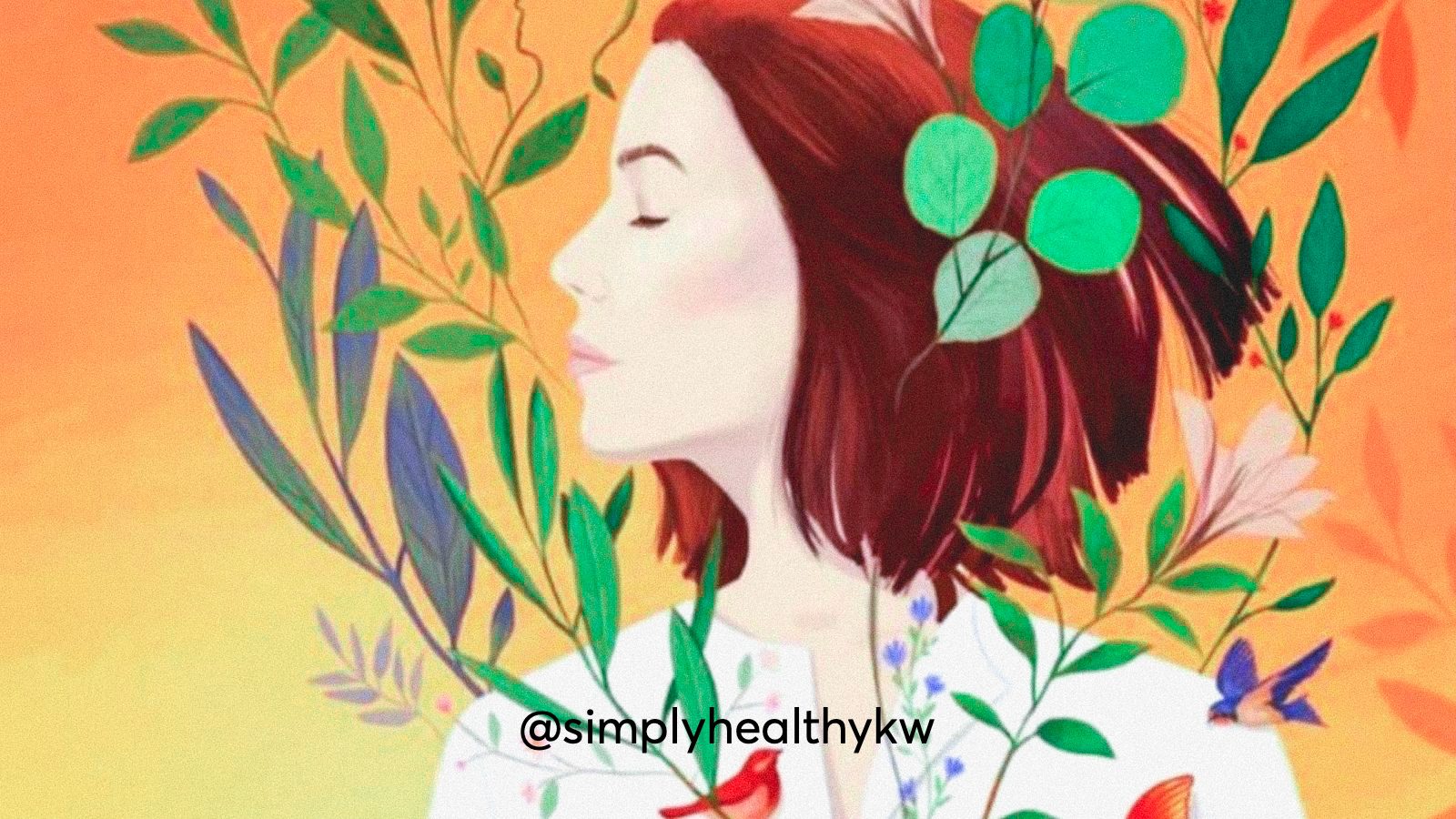 An illustration of a woman surrounded by plants to depict healthy habits
