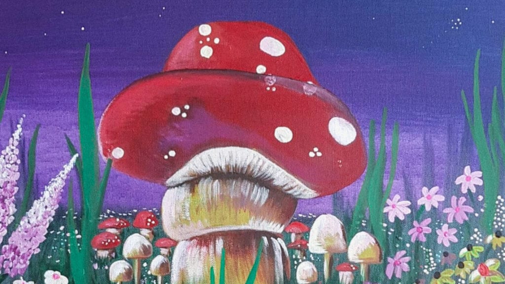 A painting of an amanita muscaria mushroom.