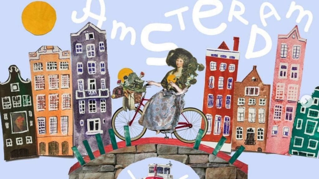 A collage art of a woman on a bicycle in amsterdam carrying cannabis plants.