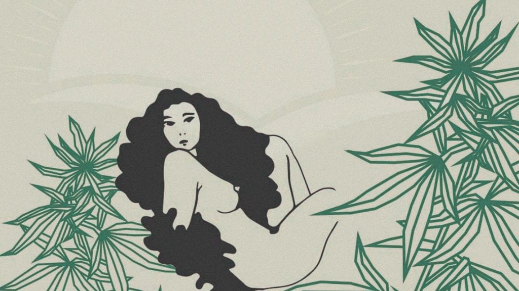a piece of digital art of a woman with long hair surrounded by cannabis plants. 
