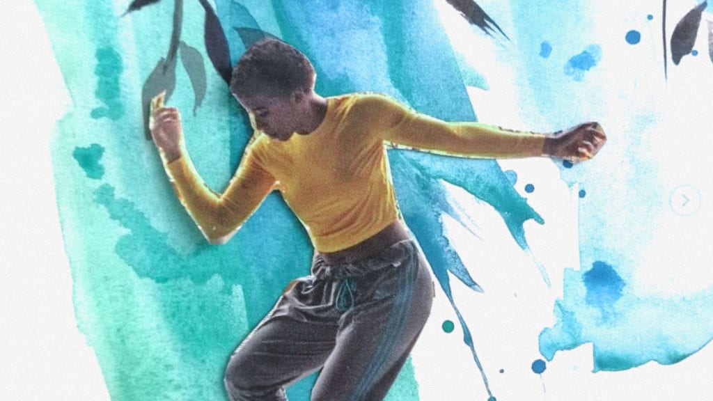 A collage image of a woman dancing against a blue watercolour background.