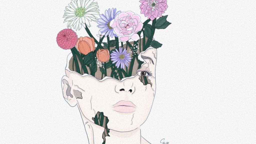 Psilocybin and Depression: Is There a Place for Magic Mushrooms in Clinical Depression? | Magic Mushrooms 101 | My Supply Co. An illustration of a woman whose skull is open, and from out of it grows flowers.