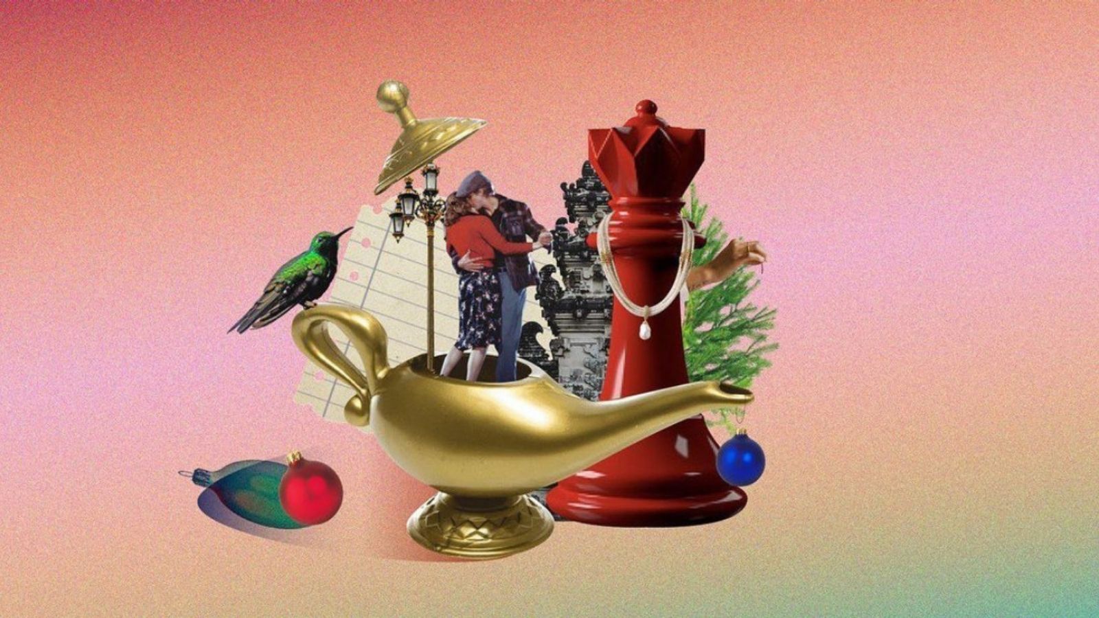 A collage of a romantic couple in a genie lamp depicting holiday destinations