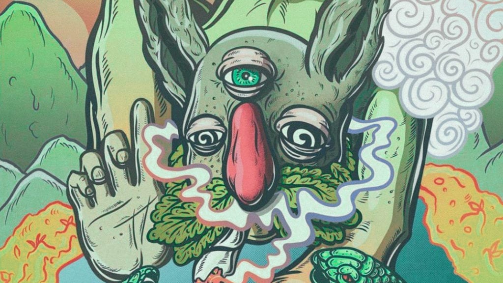 A digital illustration of a creature with a third eye smoking a joint, surrounded by serpents for an article on how to prepare for a magic mushroom trip