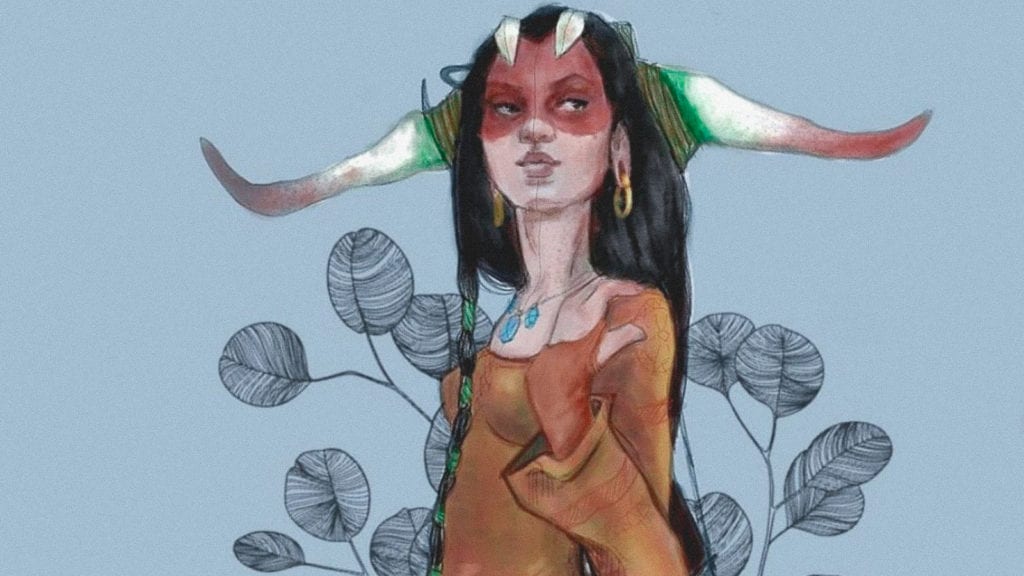 3 Tips to Prepare You For Your Magic Mushroom Trip | Magic Mushrooms 101 | My Supply Co. A digital illustration of a shamanic woman with horns, surrounded by feathers and leaves for an article on how to prepare for a magic mushroom trip