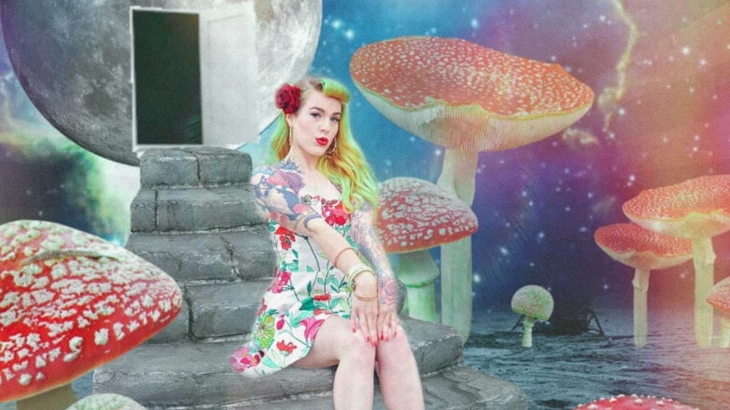 A collage art of a woman sitting on steps surrounded by magic amanita muscaria mushrooms.