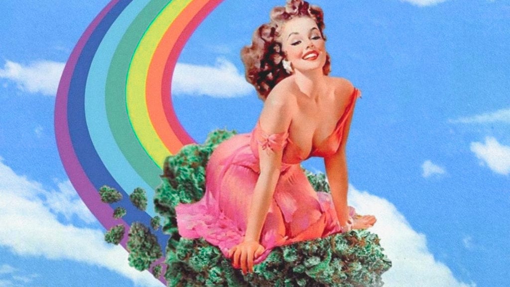 A collage art of a woman surfing a piece of cannabis at the end of the rainbow in the sky