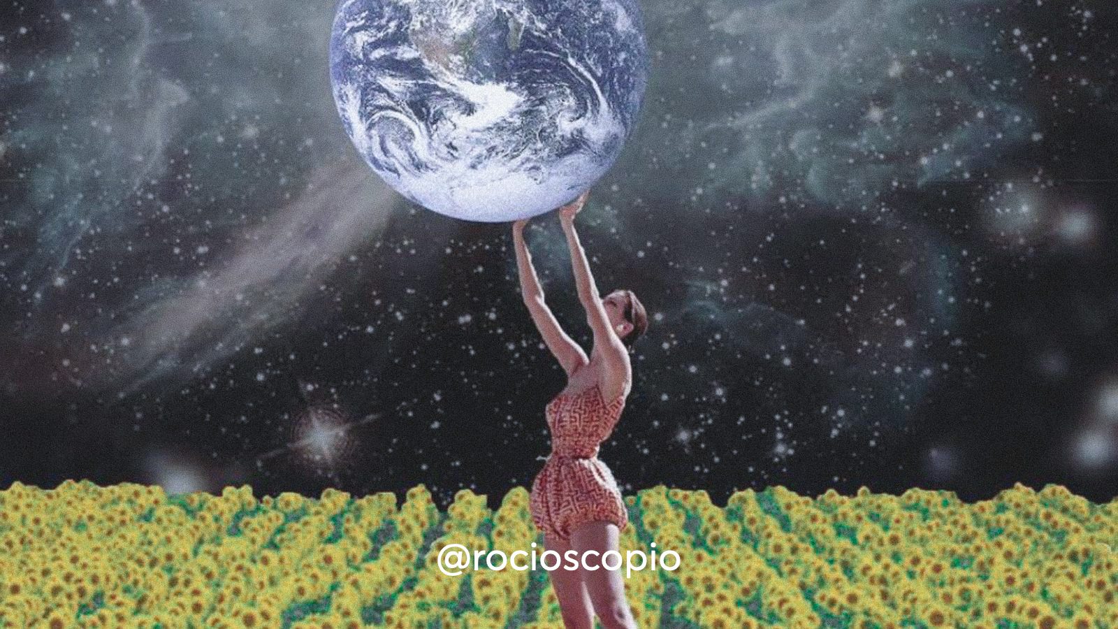 A collage art of a woman holding the earth up to the sky, surrounded by sunflowers.