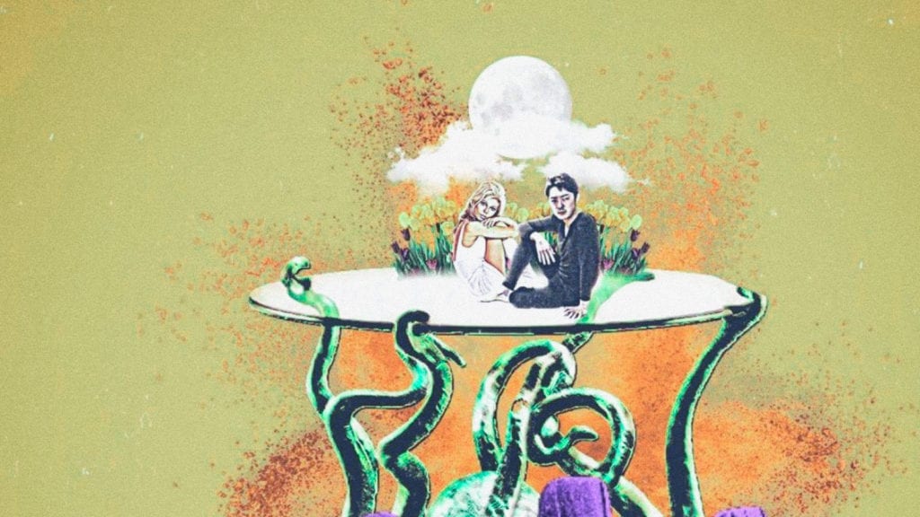An illustration of two people sitting under the clouds and the moon, surrounded by flowers, on a floating plate. 