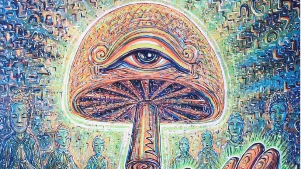 An illustration of a mushroom with an eye; a concept illustration of the psychedelic landscape. 