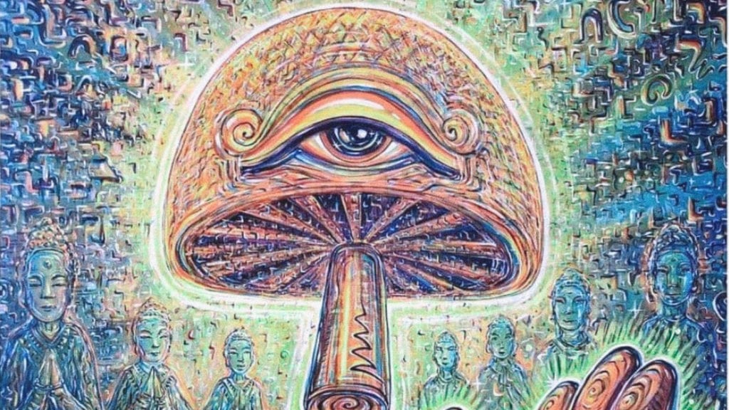 An illustration of a mushroom with an eye; a concept illustration of the psychedelic landscape for an article on post-psychedelic integration