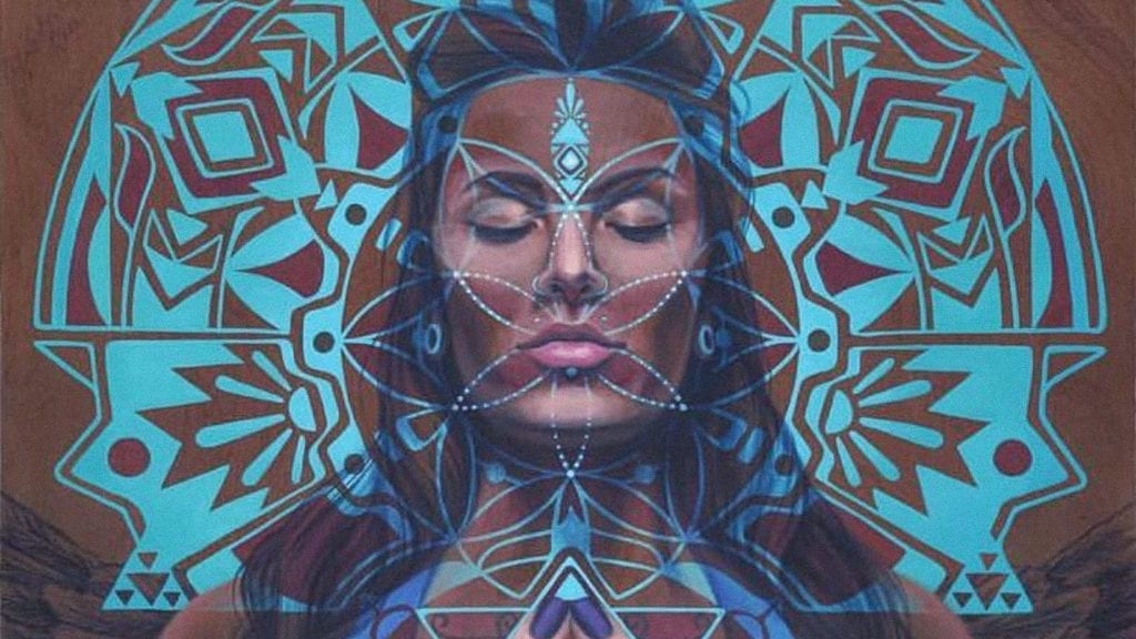 An illustration of a woman with psychedelic patterns over her face and a mandala-like pattern in the background.