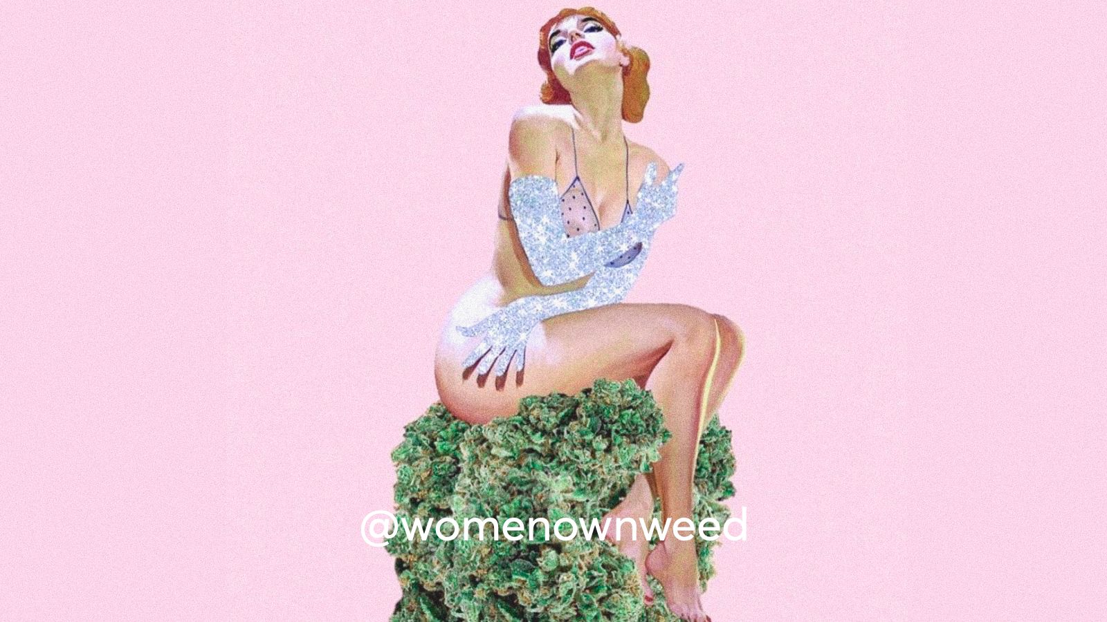 A collage art of a women sitting on a piece of cannabis buds