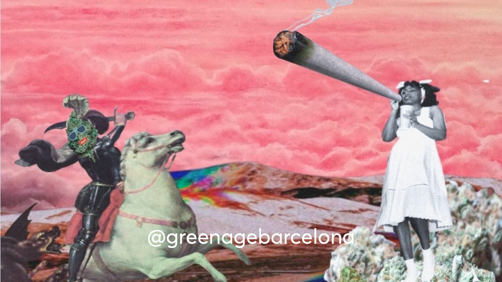 A collage image of a woman smoking a huge joint and a piece of cannabis riding a horse.