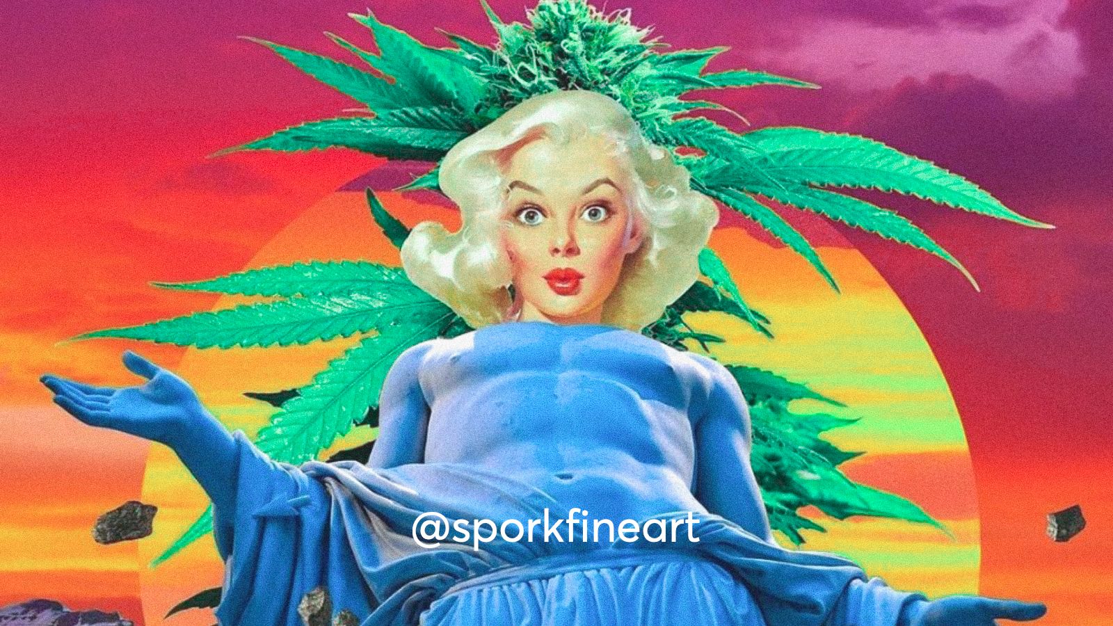 A collage art of a woman standing in front of a giant cannabis flower with teh sun in the background; vintage retro collage art.