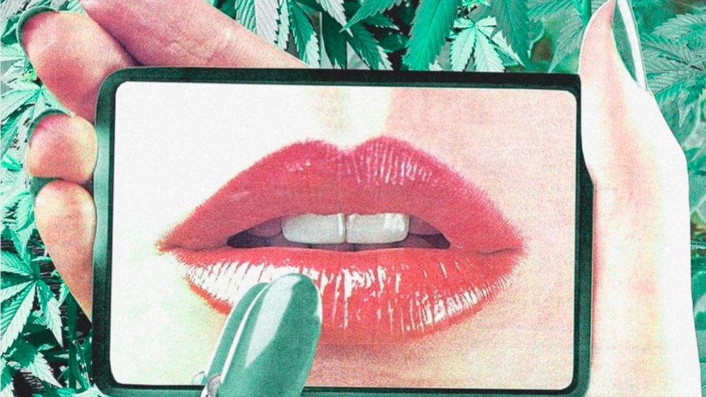 A collage art of a woman putting lipstick on in the mirror with cannabis in the background.