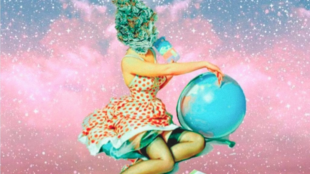 A collage art of a woman whose head has been replaced by a cannabis bud, and she is floating in the galaxy with a globe.