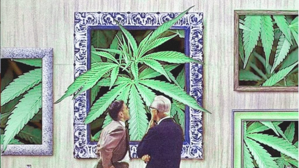 A collage art of two people standing in a art gallery looking at massive paintings of cannabis. 