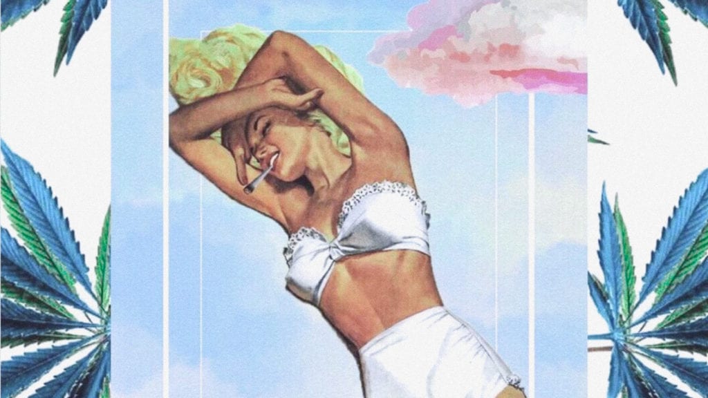 How to Use Cannabis in Your Skincare Routine | Living | My Supply Co. A collage art of a woman lying down in the clouds surrounded by cannabis leaves, smoking a joint.
