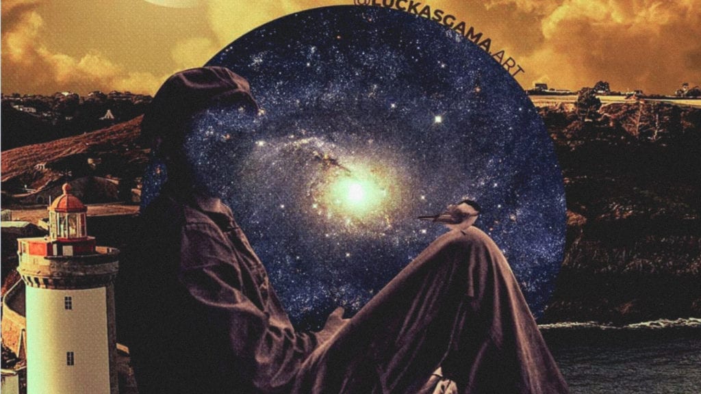 Is it Safe to Mix Magic Mushrooms and MDMA? | Magic Mushrooms 101 | My Supply Co. A digital collage art of a person sitting on the edge of space, leaning on a lighthouse, a concept of psychedelia.