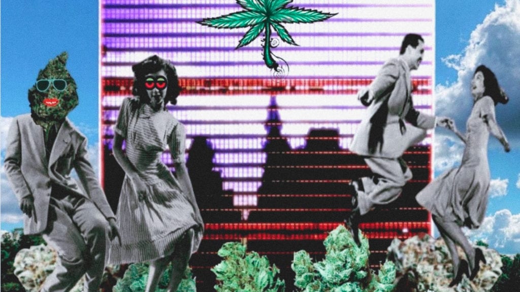 A collage art of cannabis users dancing on cannabis buds with a screen in the background showing the city.
