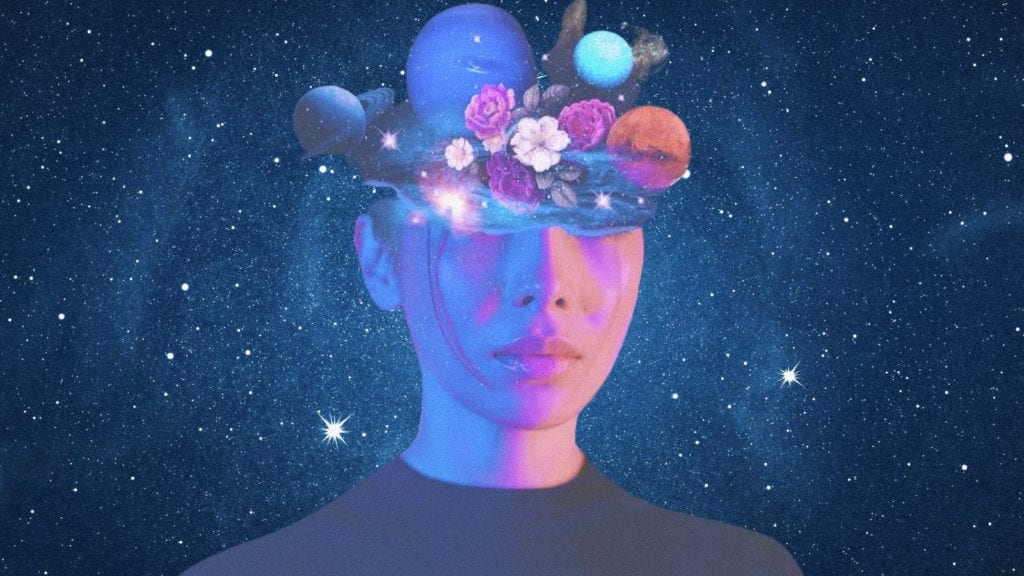 A collage art of a woman with the galaxy surrounding her head and stars in the background. A concept image of magic mushroom strains for an article on how to choose and use a magic mushroom strain therapeutically