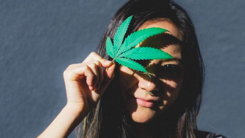 A portrait of Mimi Lam holding a cannabis leaf in front of her face.