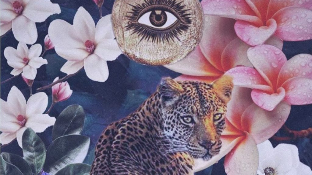 A collage art depicting the concept of a shaman with a tiger, flowers, and an eye for an article on how to choose and use a magic mushroom strain therapeutically