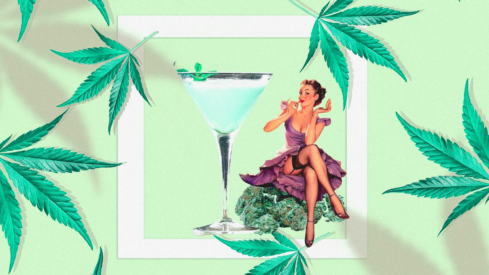 A collage art of a pinup lady sitting on cannabis buds next to a grasshopper cocktail.